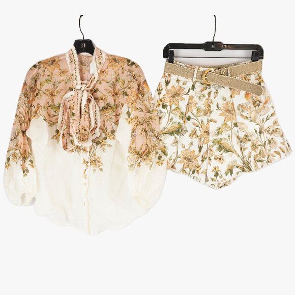 Zimmermann Chintz Tie-Neck Blouse And Mini Shorts In Pink Daisy Floral Size 0P/1 - Picture 2 of 14